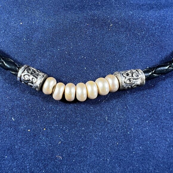 Premier Design Black Braided Necklace With Bead Accents & Gold Circle Pendant Se - Picture 3 of 5